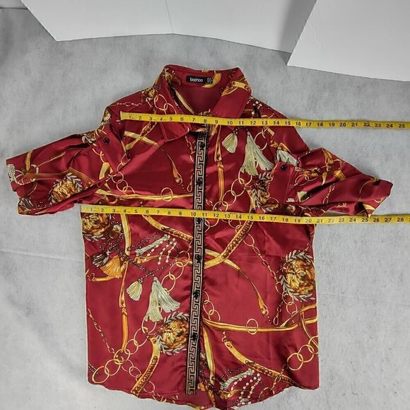 Boohoo Red Gold Chain Tassel Print Satin Button Down Blouse Womens Size 12 - Picture 7 of 12
